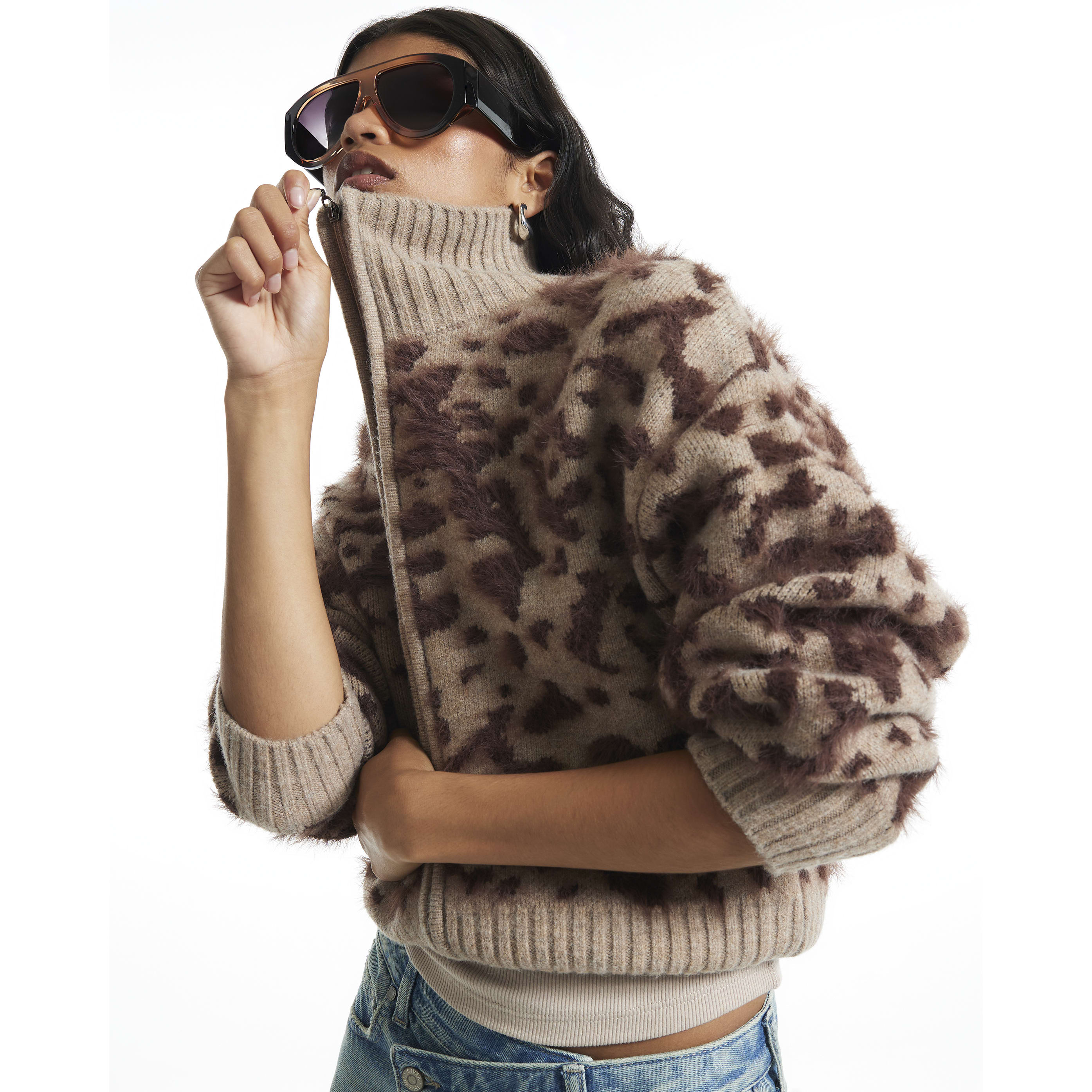River Island Beige Leopard Print Zip Through Cardigan