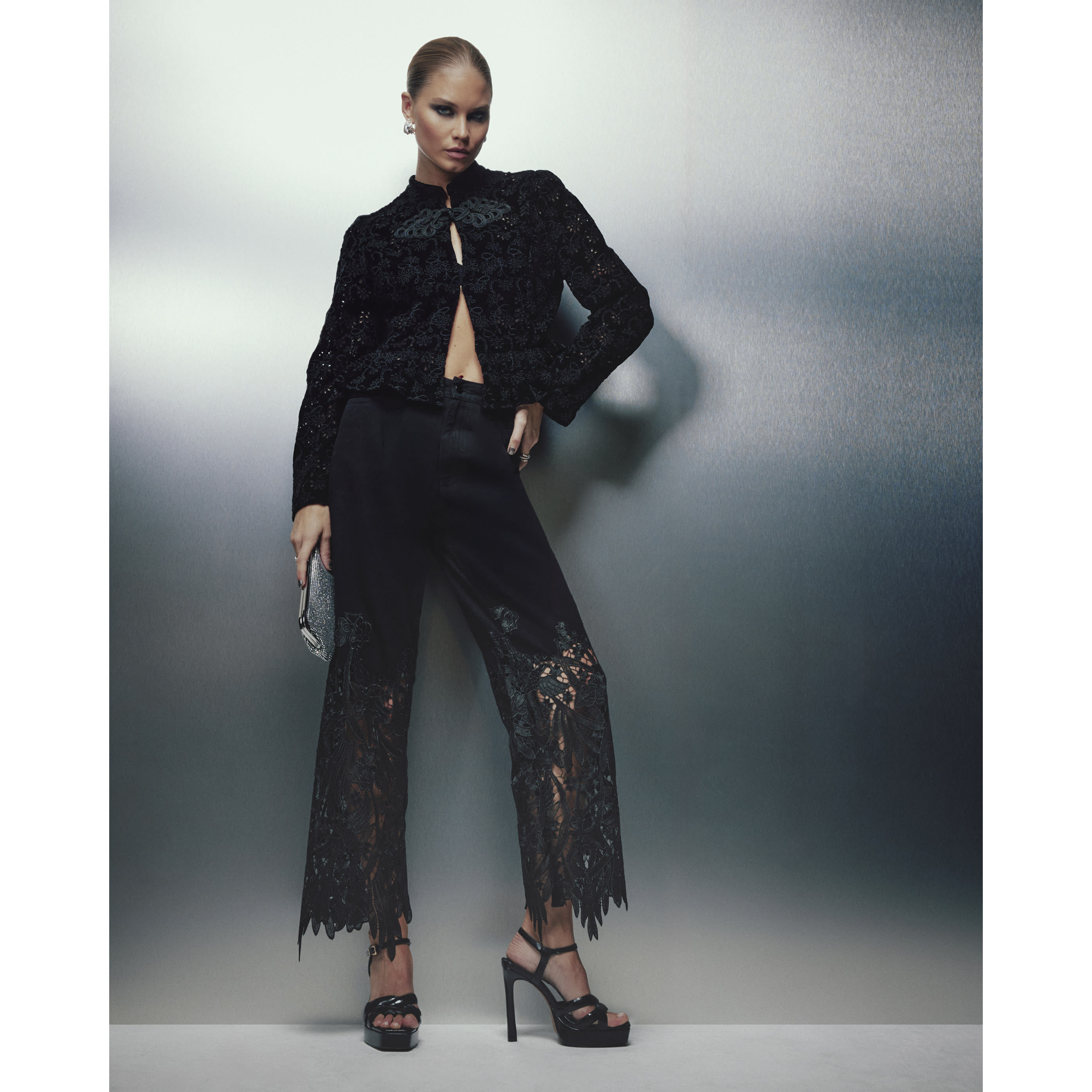 River Island Black High Rise Relaxed Straight Lace Jeans