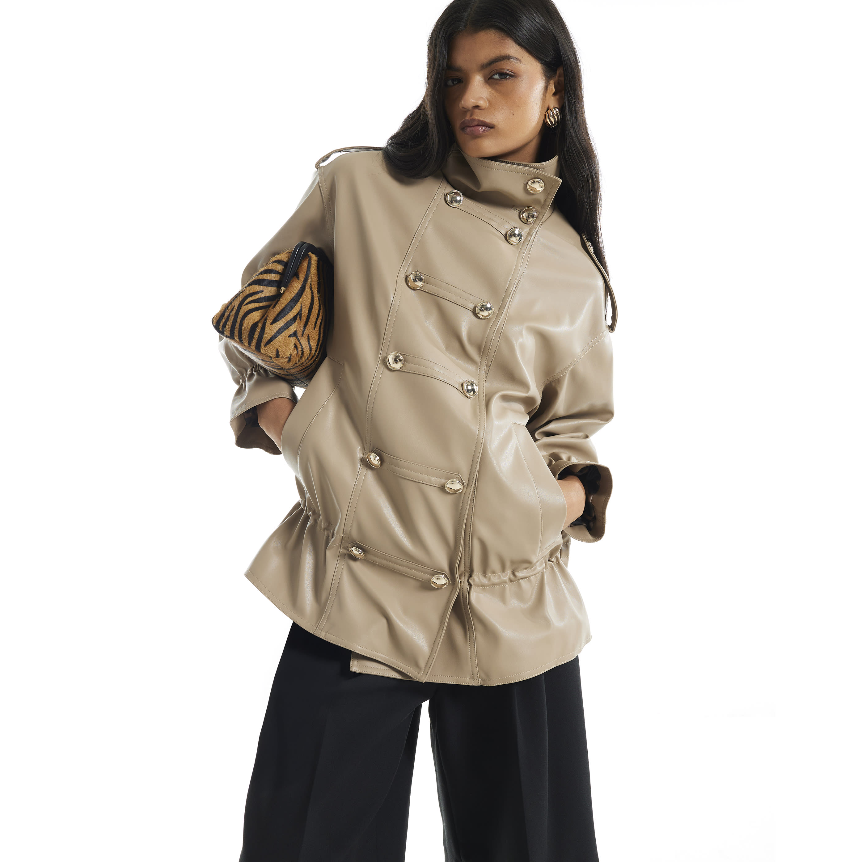 River Island Beige Faux Leather Frogging Funnel Jacket