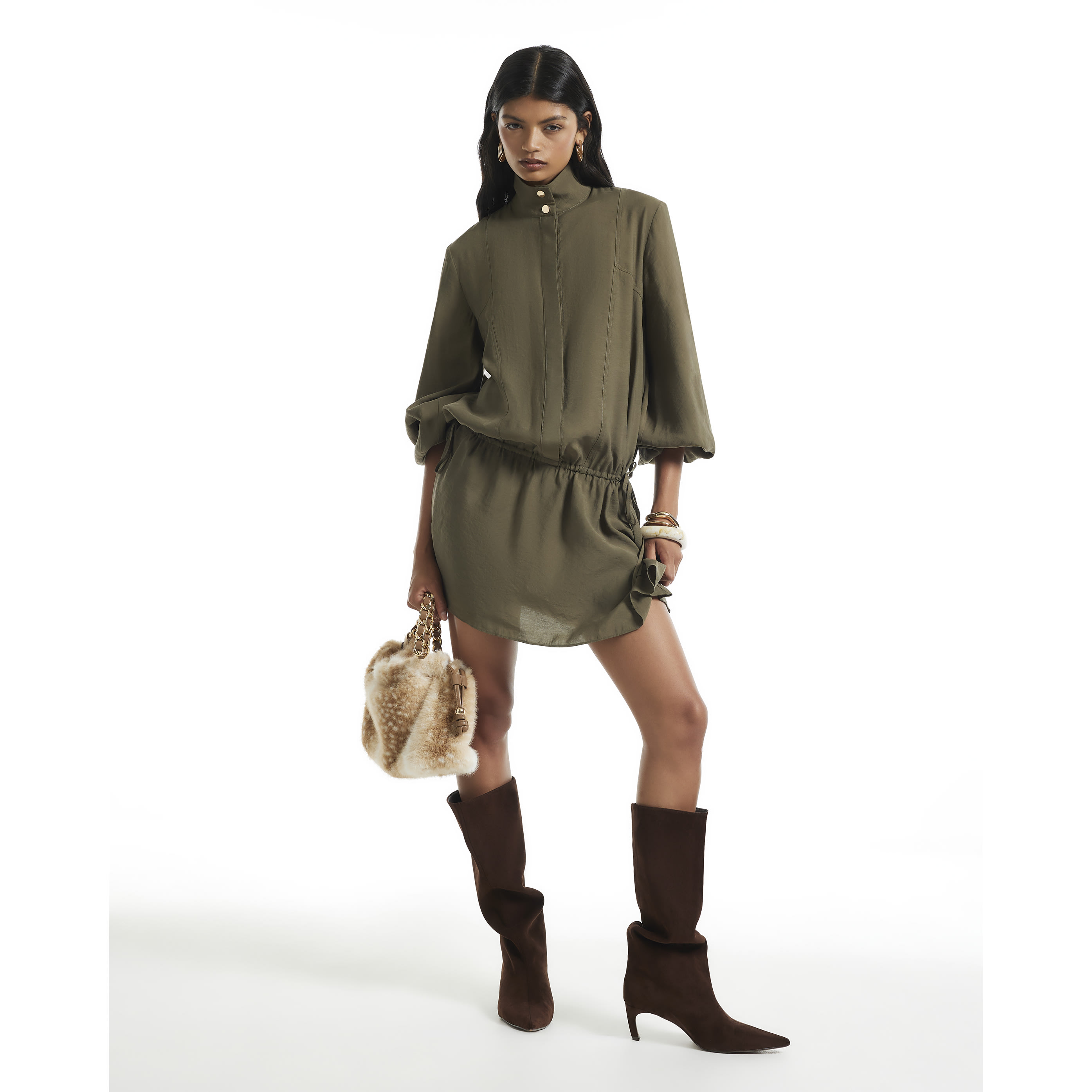 River Island Khaki Cupro Funnel Neck Mini Dress