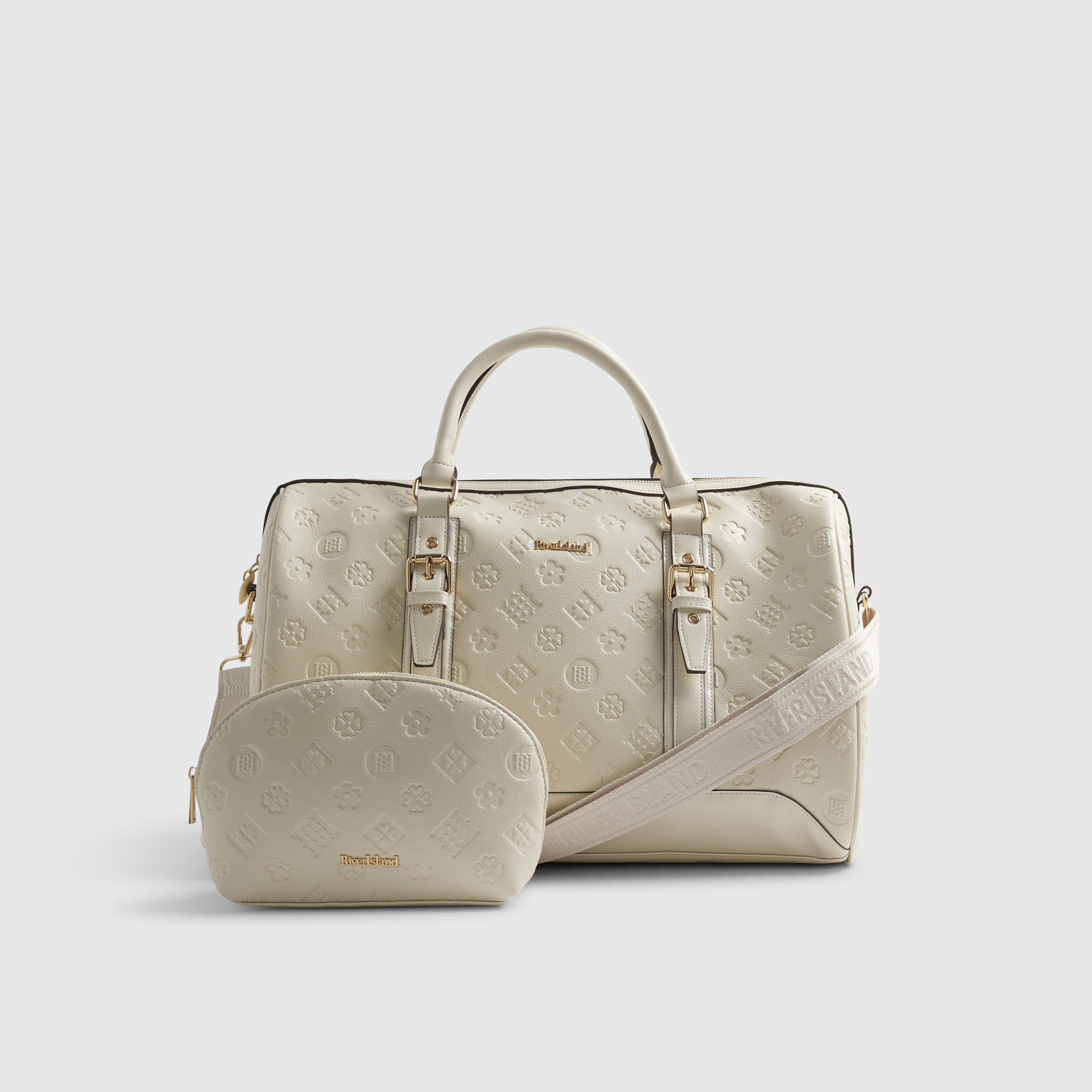 River Island Cream Embossed Monogram Barrel Bag Bundle