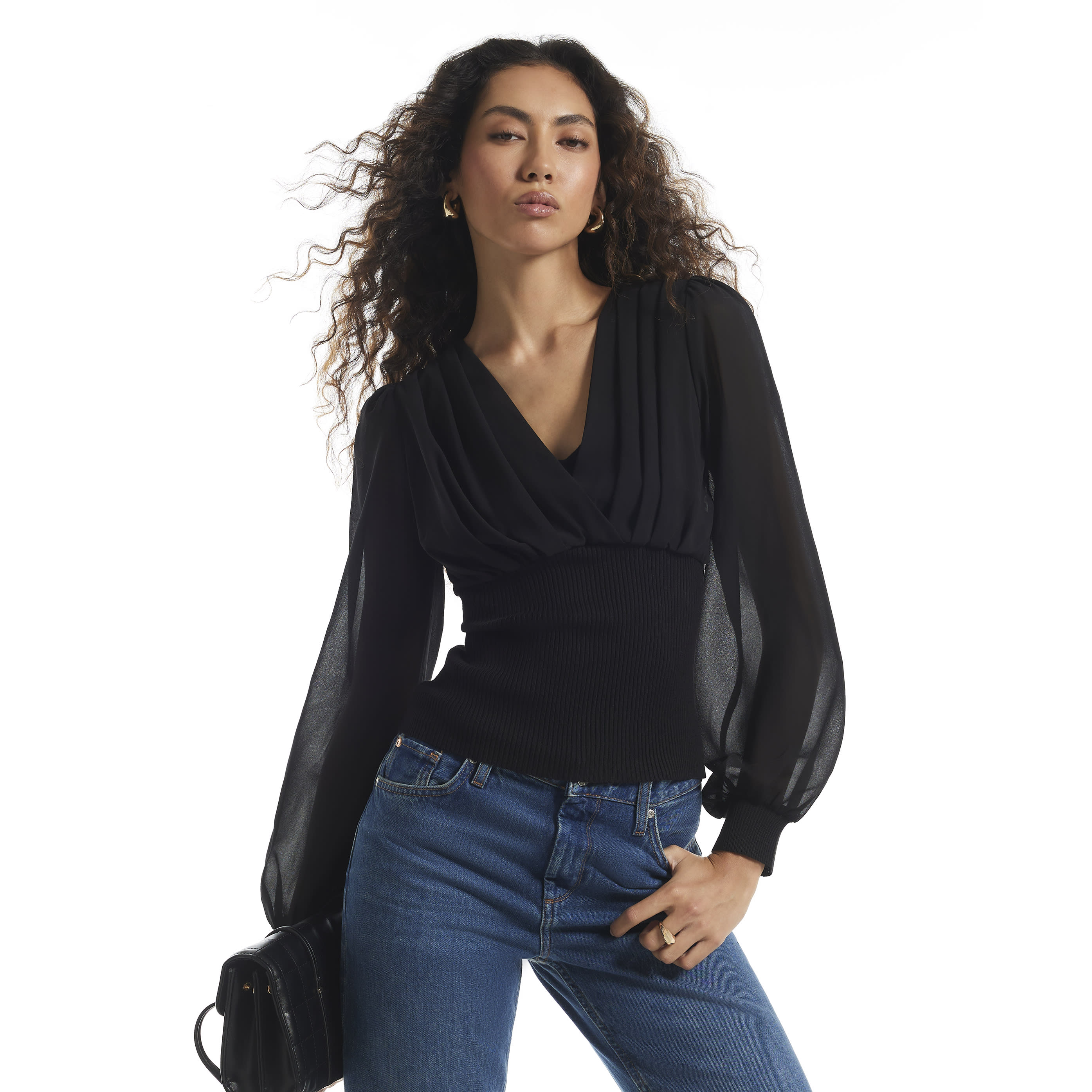 River Island Black Knit Chiffon Corset Blouse