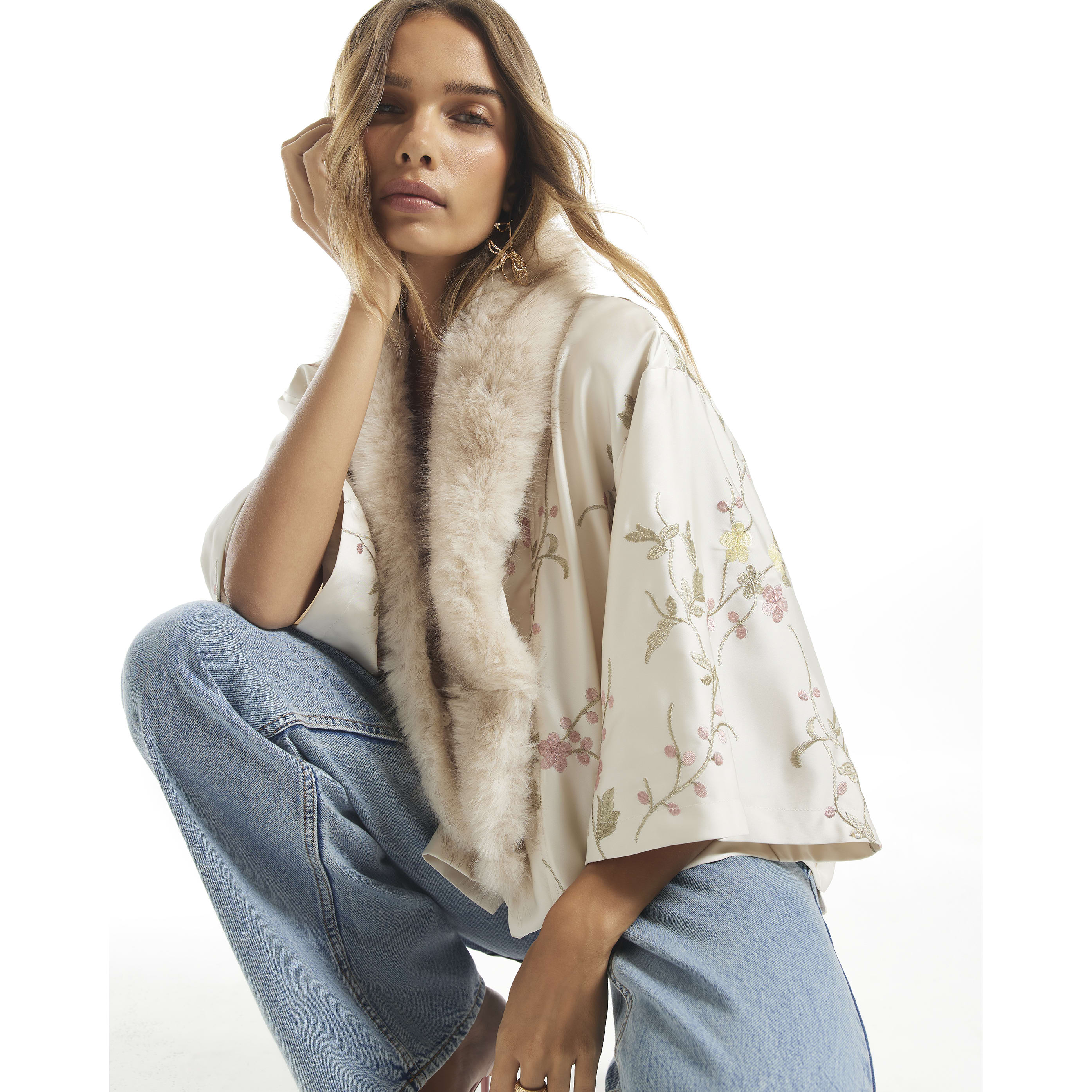 River Island Cream Embroidered Faux Fur Kimono