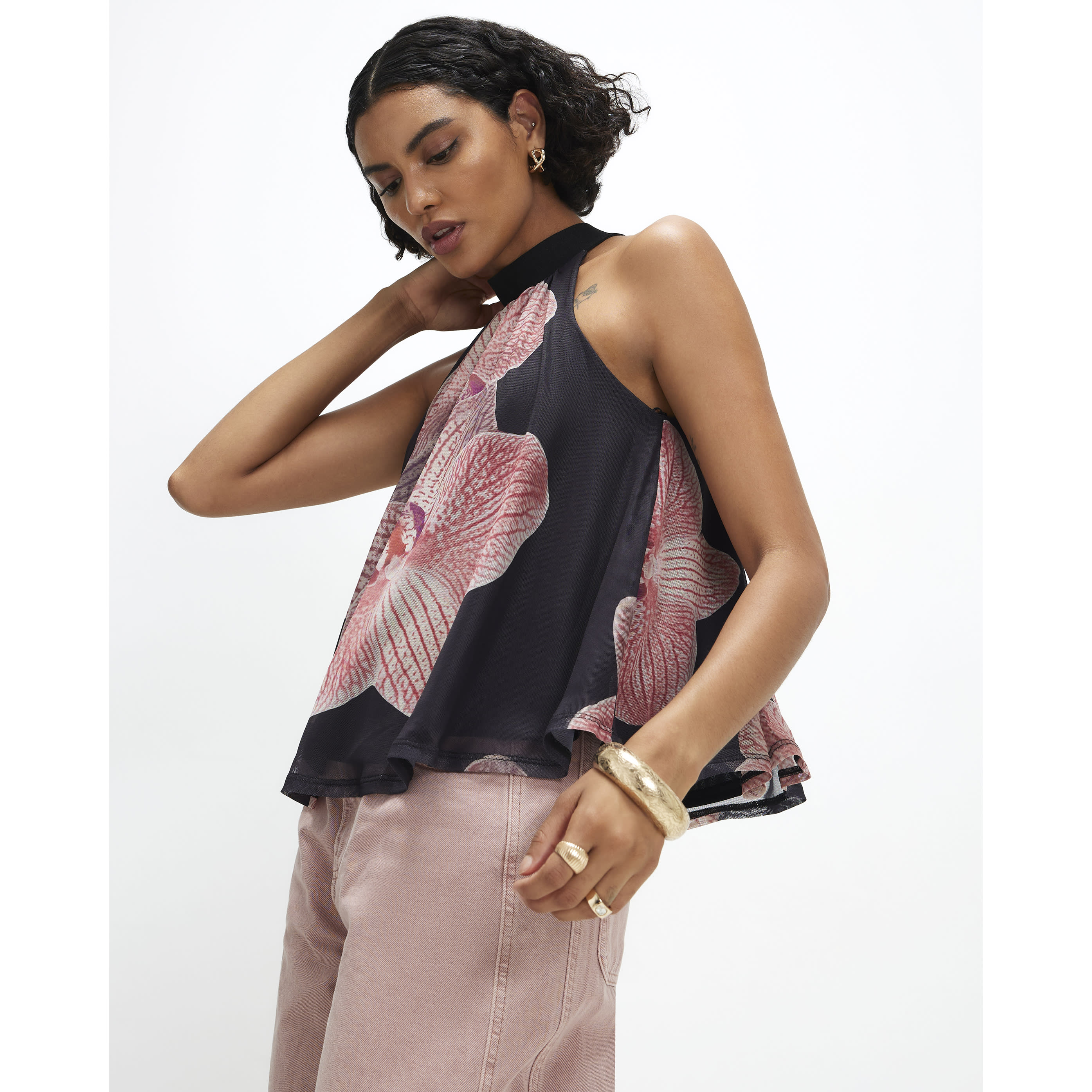 River Island Black Halter Neck Floral Print Mesh Top
