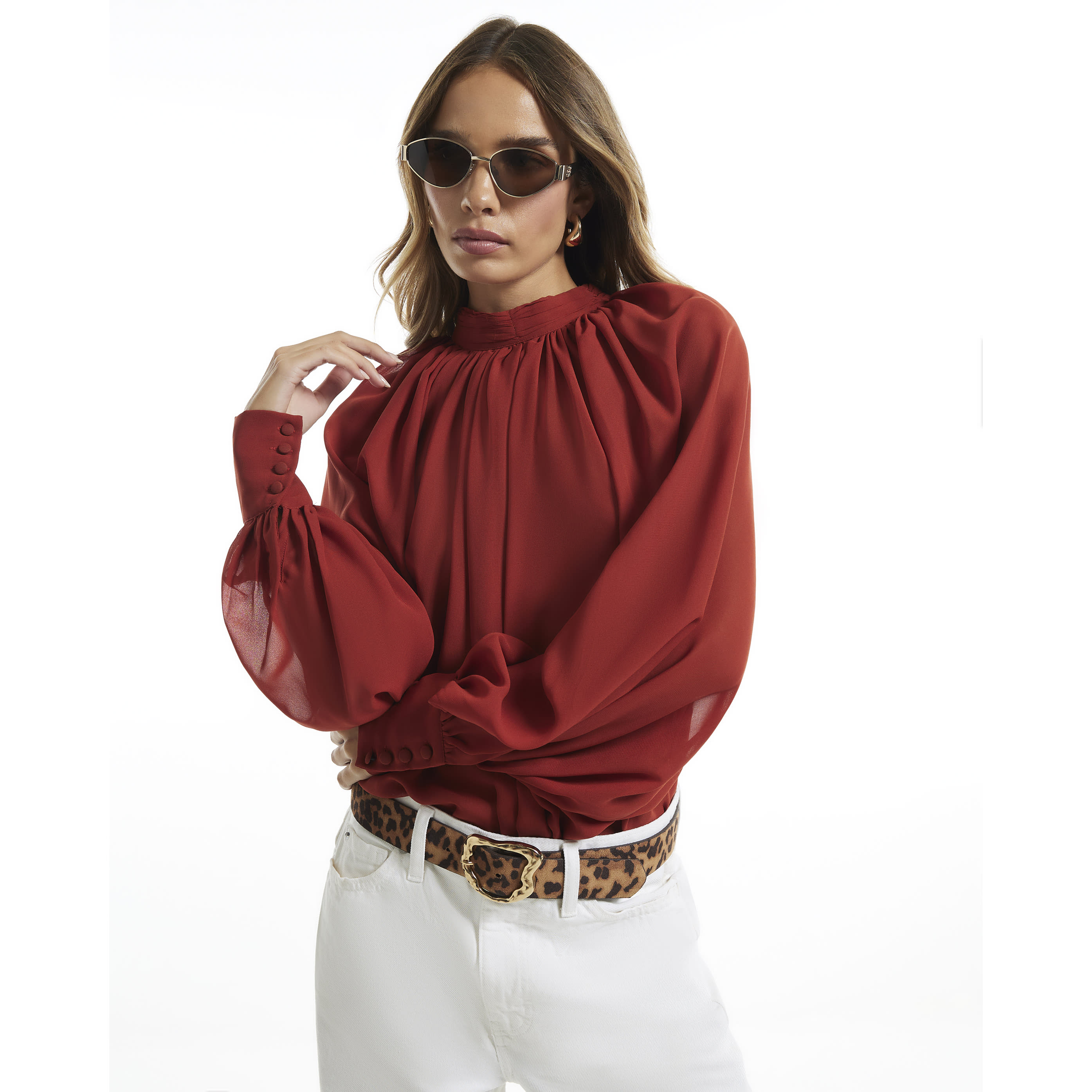 River Island Rust Funnel Neck Sheer Blouse