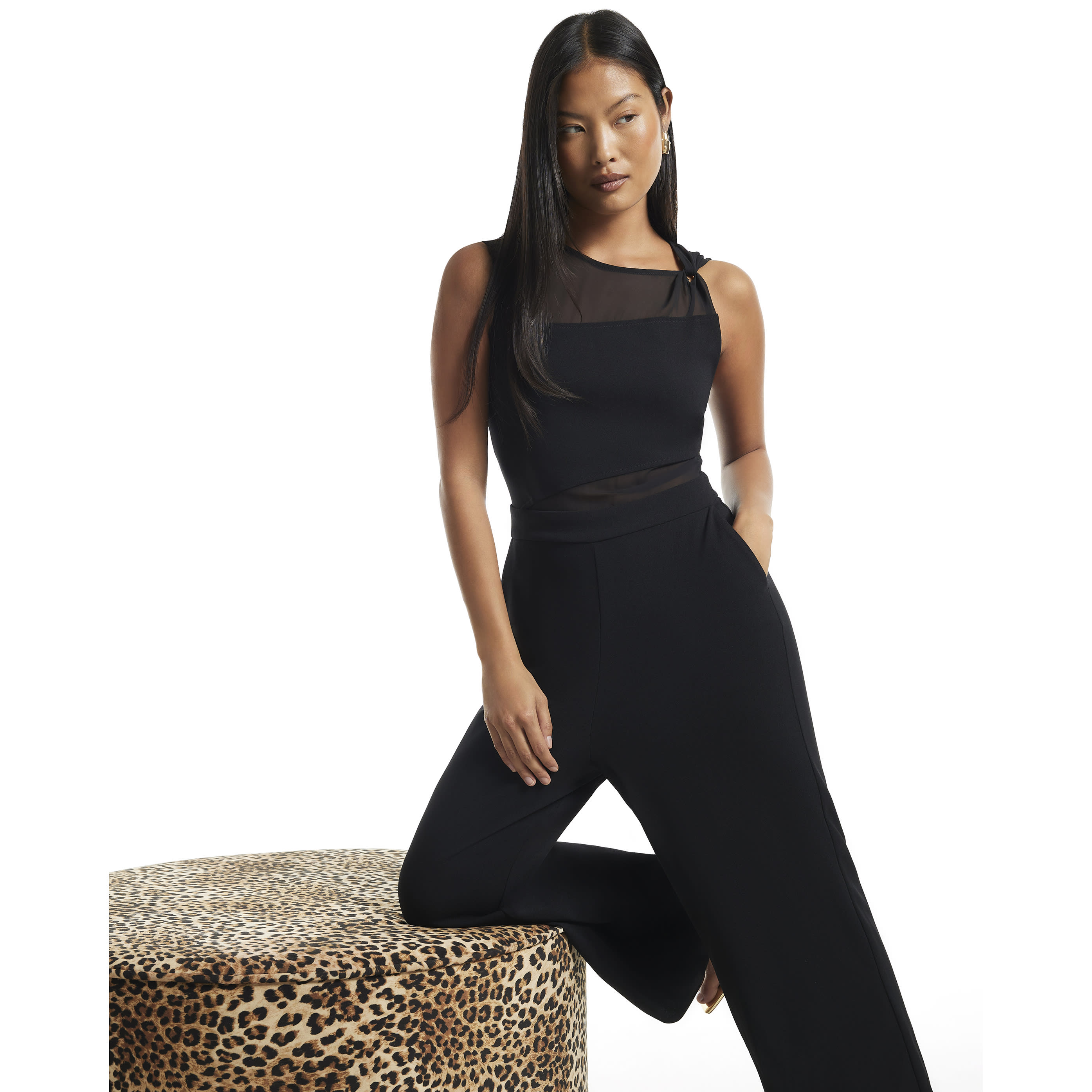 River Island Petite Black Mesh Top Jumpsuit