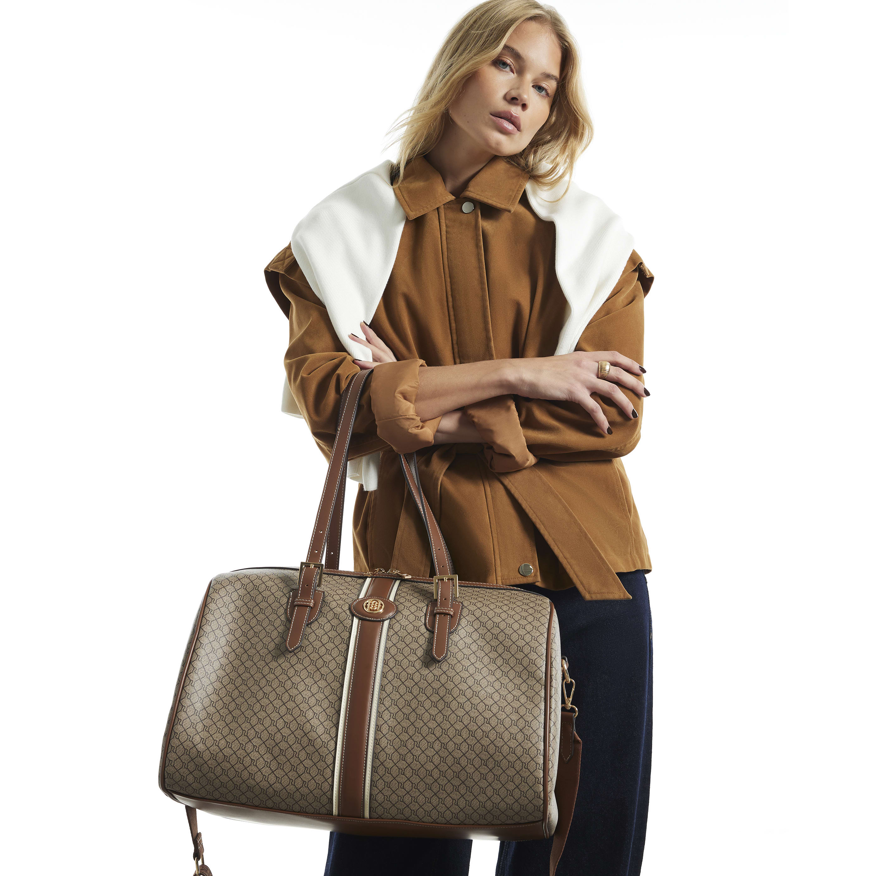 River Island Beige Stripe Front Monogram Barrel Bag