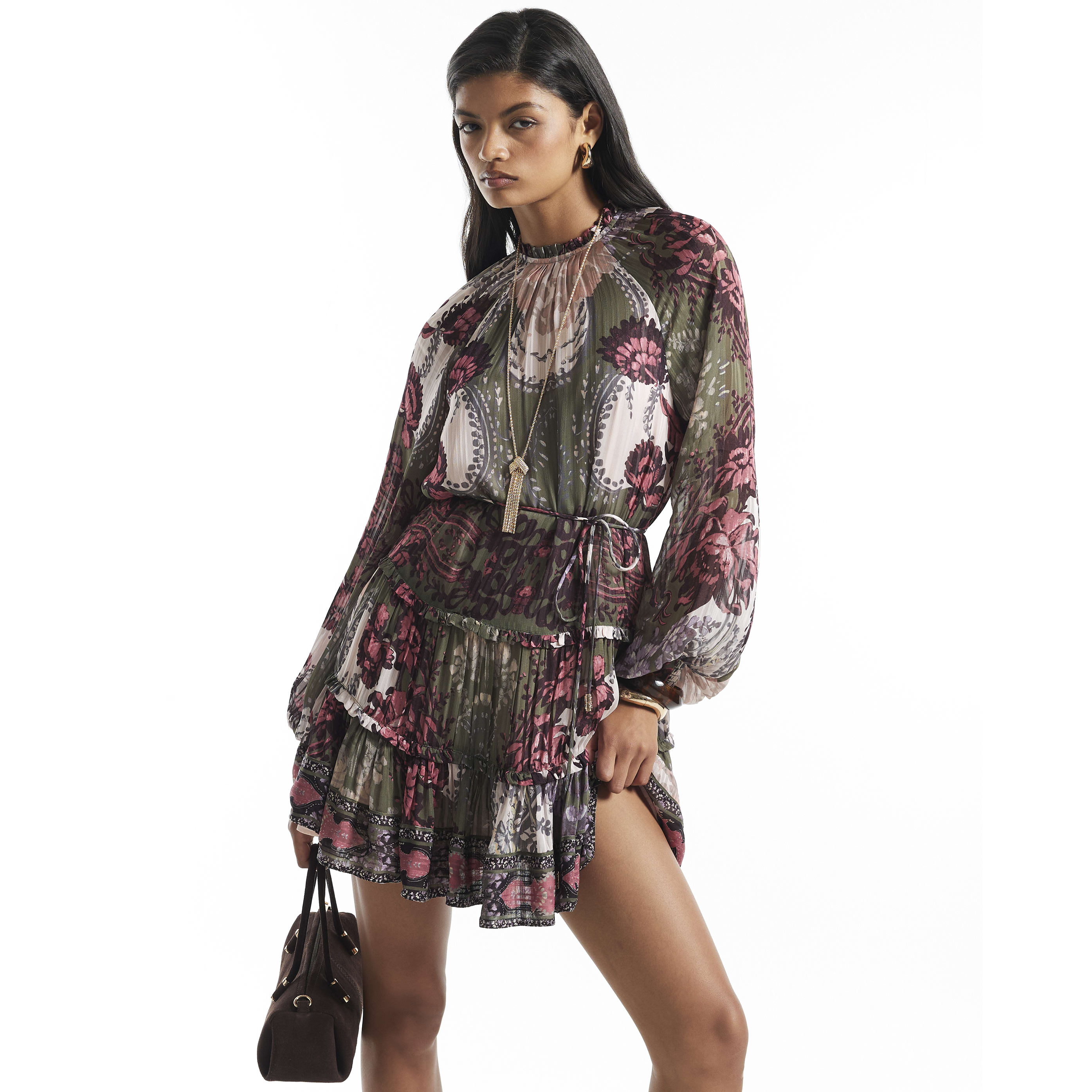 River Island Khaki Floral Tie Belt Dress