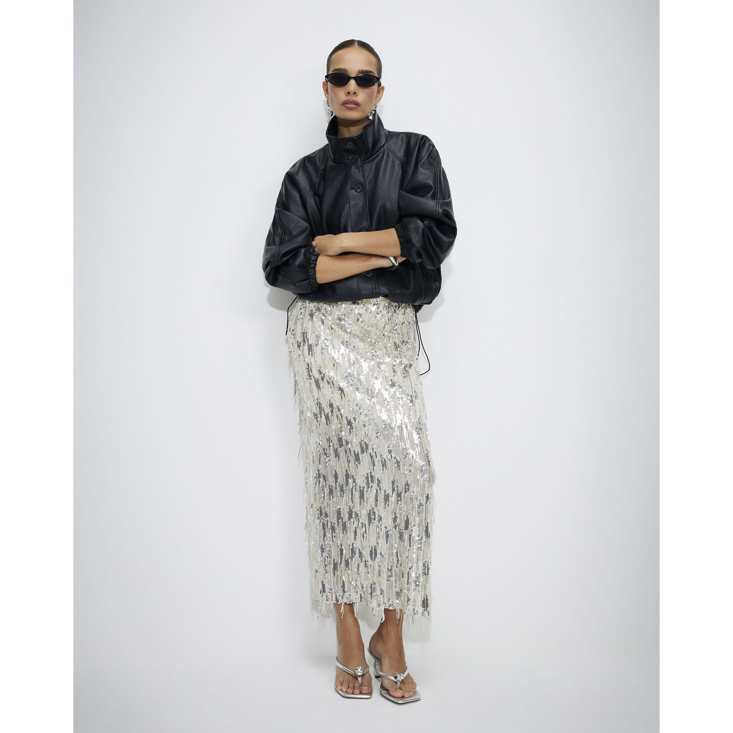 River Island Cream Sequin Midi Skirt
