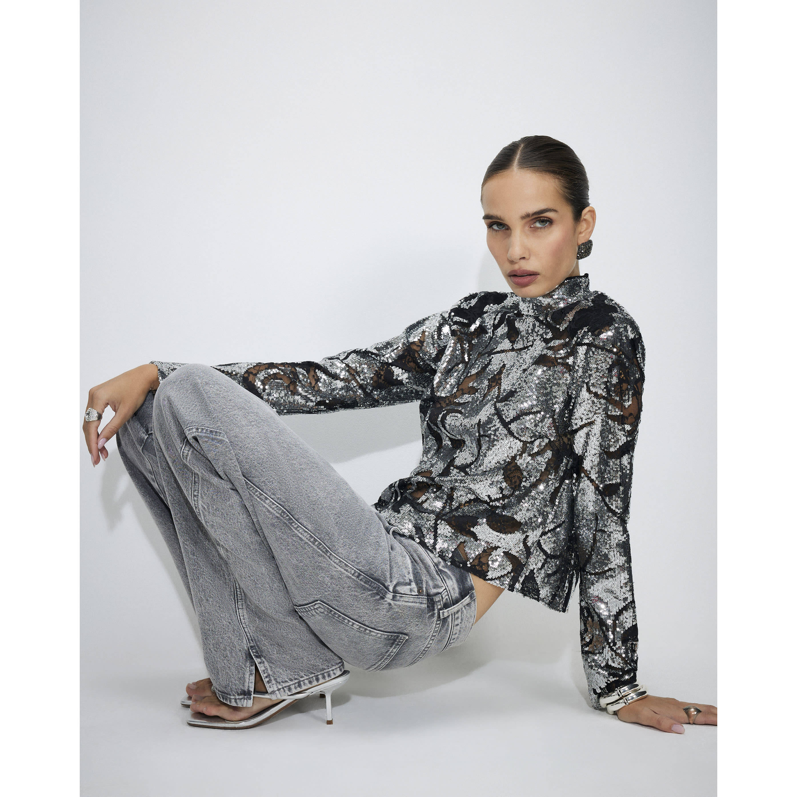 River Island Black Sequin Funnel Neck Long Sleeve Top
