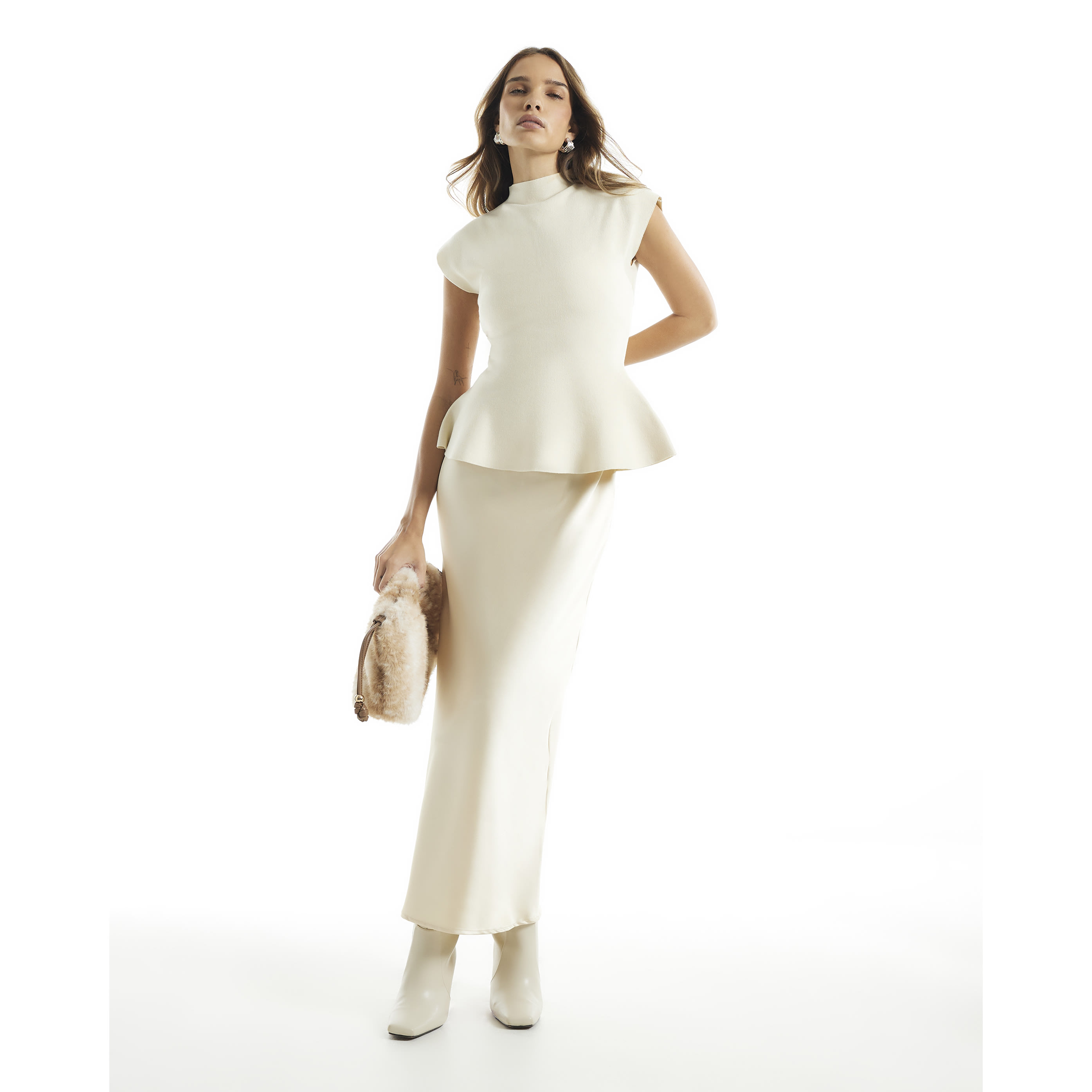 River Island Cream Hybrid Satin Knit Peplum Maxi Dress