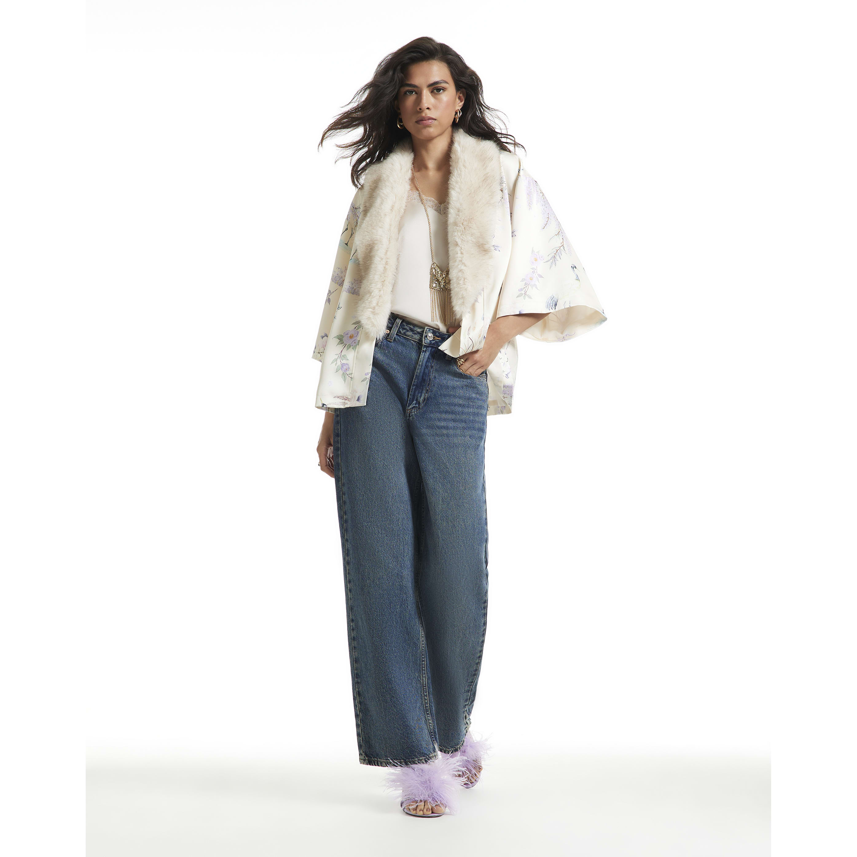 River Island Cream Satin Floral Faux Fur Trim Kimono