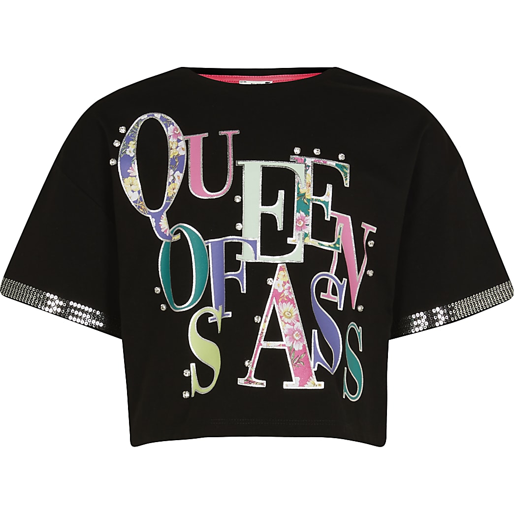 Age 13+ girls black 'Queen of Sass' t-shirt | River Island