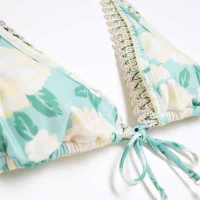 Aqua Floral Print Triangle Bikini Top River Island