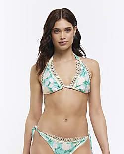 Aqua floral print triangle bikini top