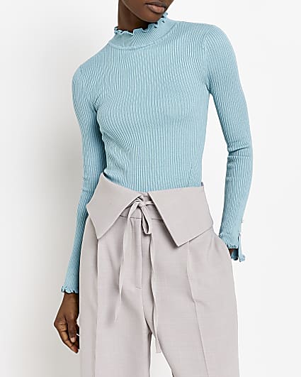 Aqua knitted frill top