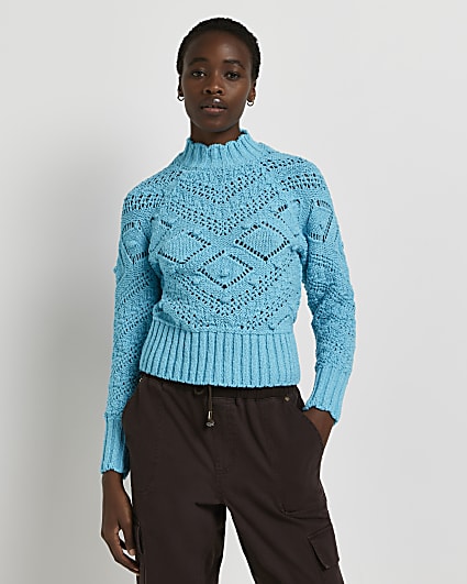 Aqua pointelle knit jumper
