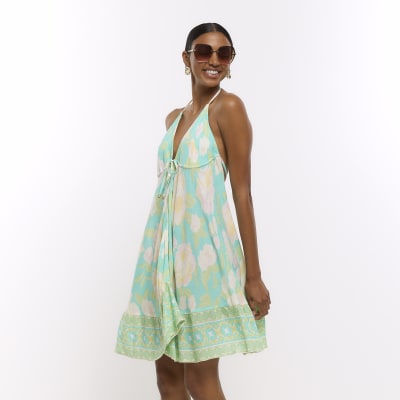 Aqua print halter mini dress