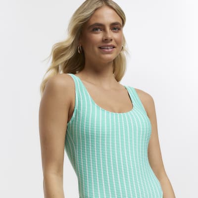 Aqua textured striped swimsuit River Island
