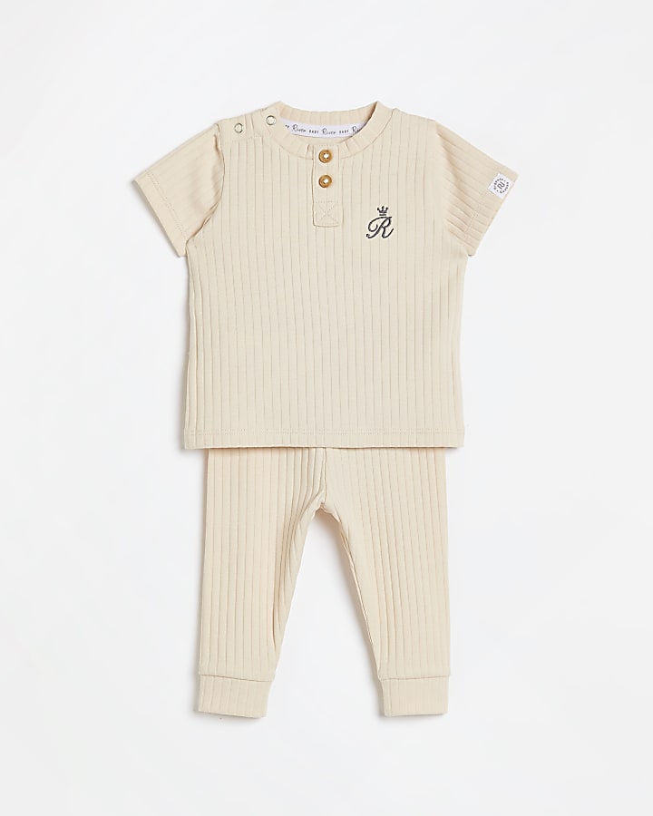 Baby beige RI branded organic ribbed outfit