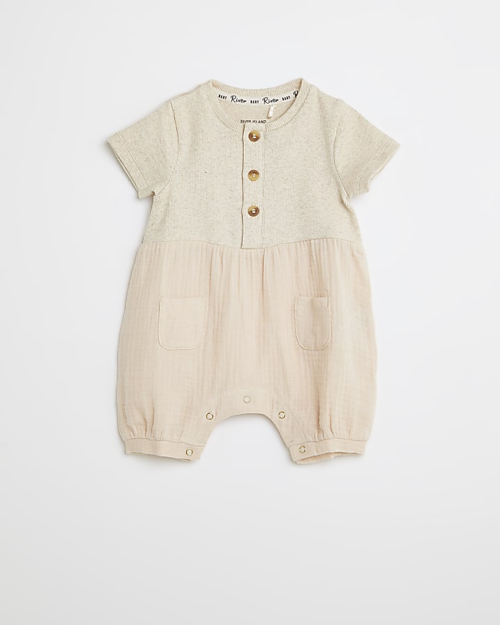 Baby beige ribbed button detail romper