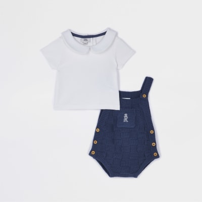 Baby Blue Knit Dungaree Babygrow Set River Island