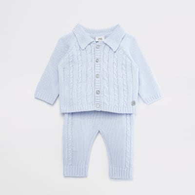 blue knitted baby outfit