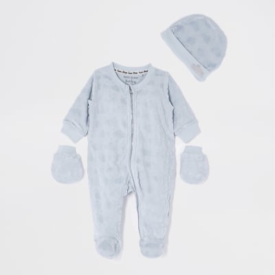 Baby blue velour cloud sleepsuit set | River Island