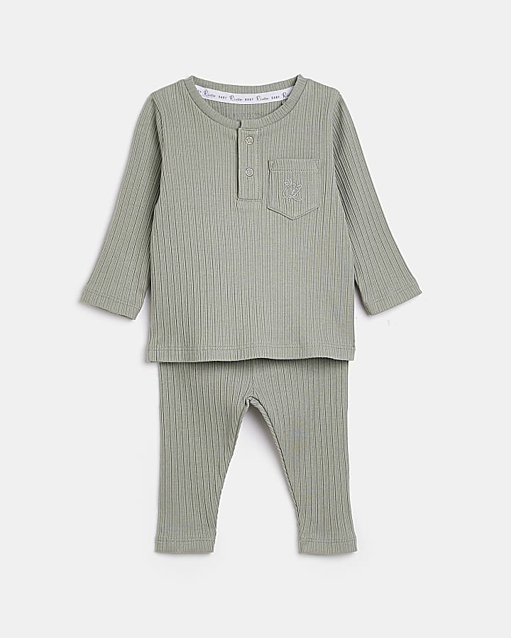 Baby Boy Khaki Pocket Long Sleeve Rib Set