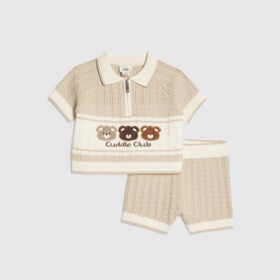 Baby Boys Beige 3D Bear Polo Shirt Set