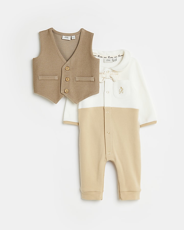 Baby boys beige bodysuit and waistcoat set