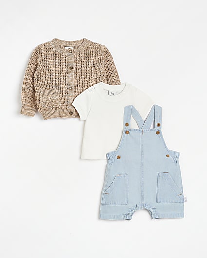 Baby boys beige cardigan dungaree outfit