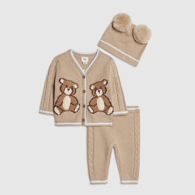 Baby Boys Beige Cuddle Club Bear Knit Set