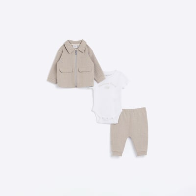 Baby Boys Beige Jacquard Shacket Set