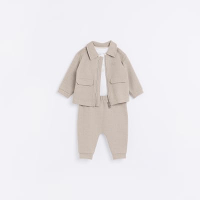 Baby Boys Beige Jacquard Shacket Set