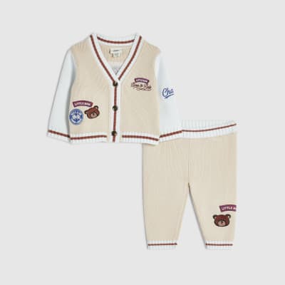 Baby Boys Beige Varsity Cardigan Set