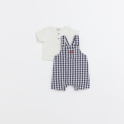 Baby boys blue  gingham check dungaree set