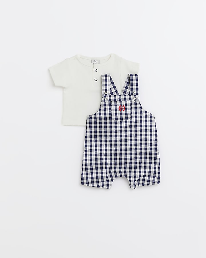 Baby boys blue  gingham check dungaree set