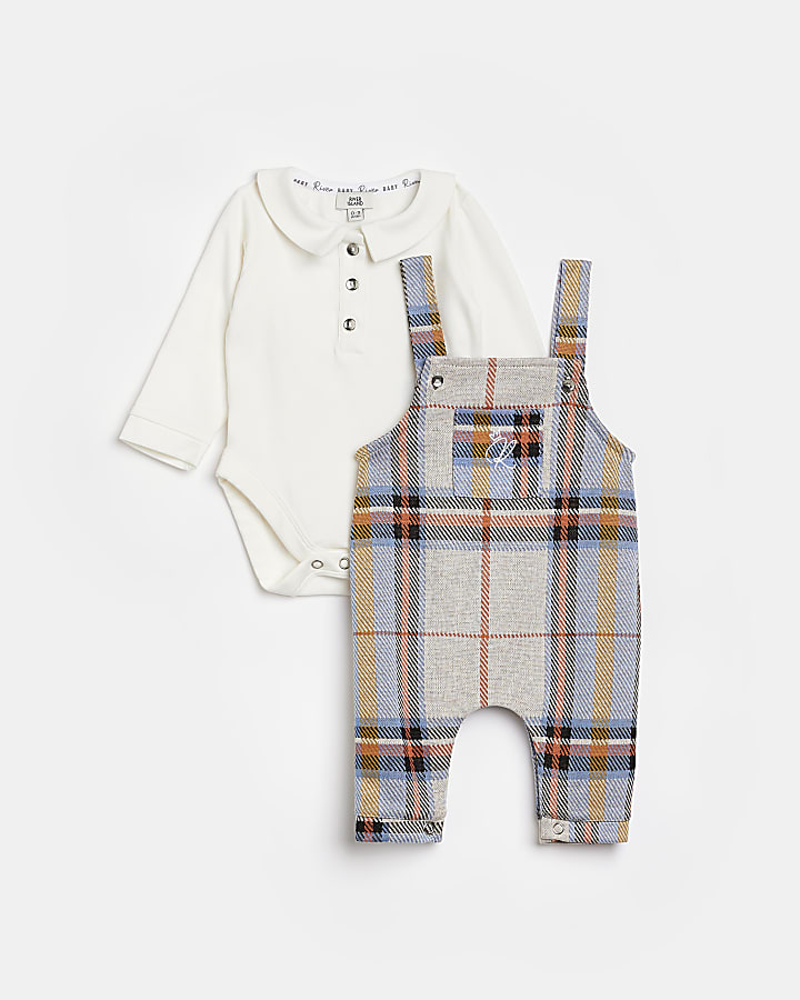 Baby Boys blue Check Dungaree and Polo outfit