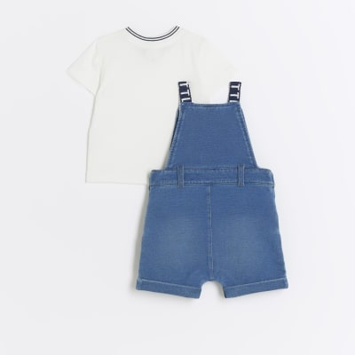 Baby boys blue denim dungarees set River Island