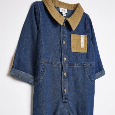 Baby boys Blue denim Slogan Boiler Suit River Island