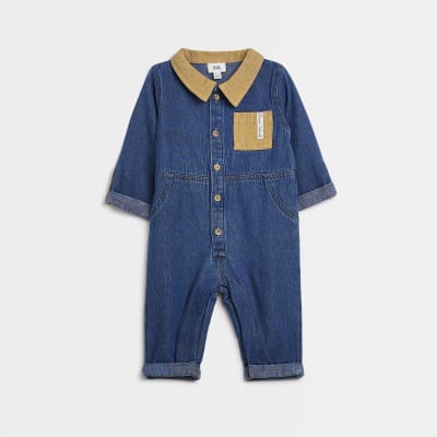 Baby boys Blue denim Slogan Boiler Suit River Island