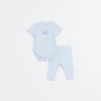 Baby Boys Blue Embroidered waffle Set