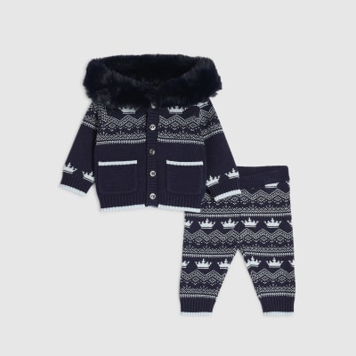 Baby Boys Blue Fairisle Fur Hoodie Set
