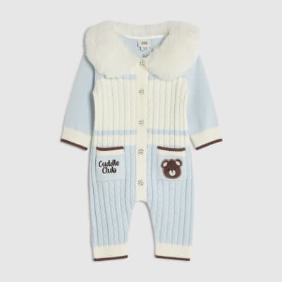 Baby Boys Blue Faux Fur Cable Knit All In One