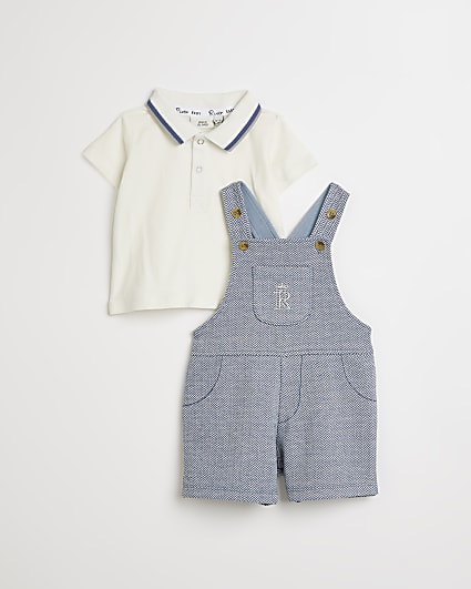 Baby boys blue herringbone dungaree outfit