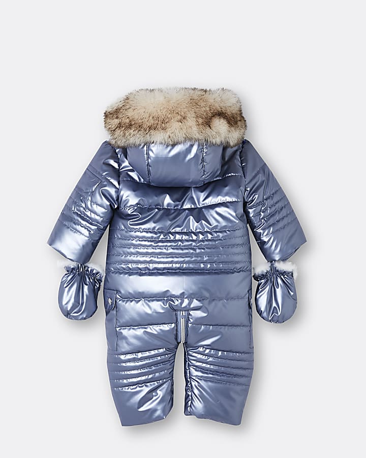 Baby boys blue high shine quilted snowsuit