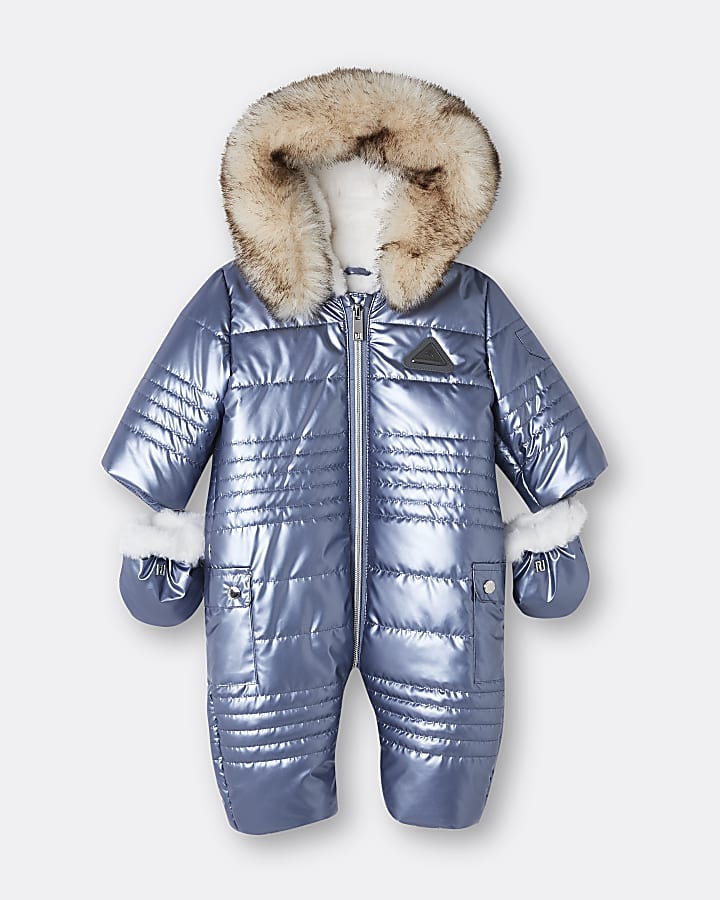 Baby boys blue high shine quilted snowsuit