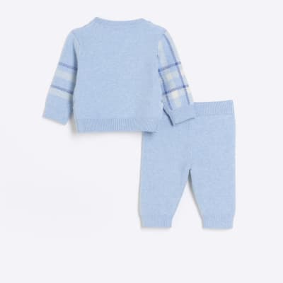 Baby boys blue knitted check jumper set River Island