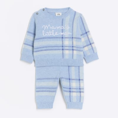 Baby boys blue knitted check jumper set River Island